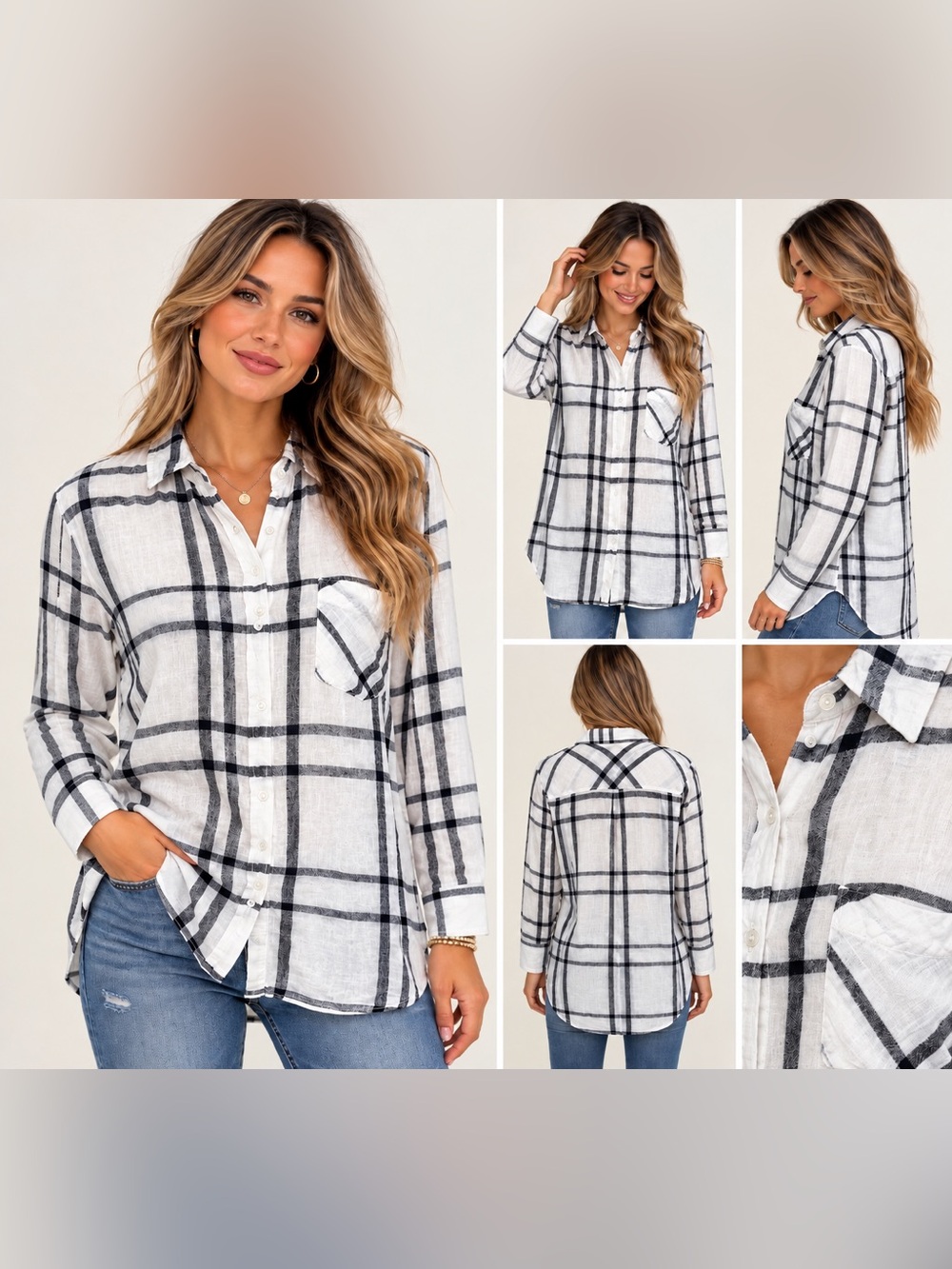 Rails Charli linen button down shirt vanilla/navy plaid size XS